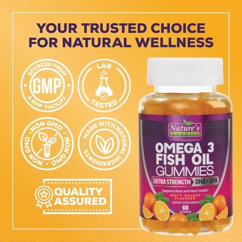 Omega-3 Fischöl Gummibärchen - Extra starkes Omega-3-Präparat mit hoch absorbierbarem EPA & DHA - Beste essentielle Fettsäuren für Herzgesundheit, Gehirn- & Gelenkunterstützung, Nicht-GMO Orangen-Geschmack - 60 Gummibärchen