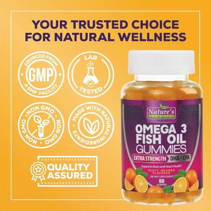 Omega-3 Fischöl Gummibärchen - Extra starkes Omega-3-Präparat mit hoch absorbierbarem EPA & DHA - Beste essentielle Fettsäuren für Herzgesundheit, Gehirn- & Gelenkunterstützung, Nicht-GMO Orangen-Geschmack - 60 Gummibärchen
