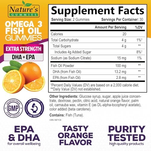 Omega-3 Fischöl Gummibärchen - Extra starkes Omega-3-Präparat mit hoch absorbierbarem EPA & DHA - Beste essentielle Fettsäuren für Herzgesundheit, Gehirn- & Gelenkunterstützung, Nicht-GMO Orangen-Geschmack - 60 Gummibärchen