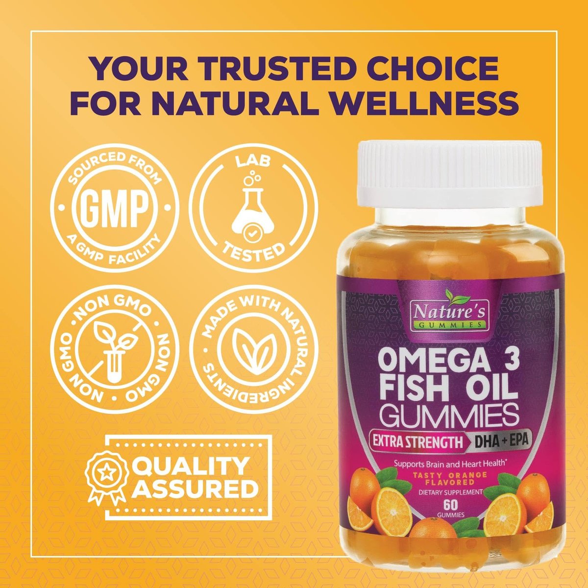 Omega-3 Fischöl Gummibärchen - Extra starkes Omega-3-Präparat mit hoch absorbierbarem EPA & DHA - Beste essentielle Fettsäuren für Herzgesundheit, Gehirn- & Gelenkunterstützung, Nicht-GMO Orangen-Geschmack - 60 Gummibärchen