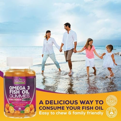 Omega-3 Fischöl Gummibärchen - Extra starkes Omega-3-Präparat mit hoch absorbierbarem EPA & DHA - Beste essentielle Fettsäuren für Herzgesundheit, Gehirn- & Gelenkunterstützung, Nicht-GMO Orangen-Geschmack - 60 Gummibärchen