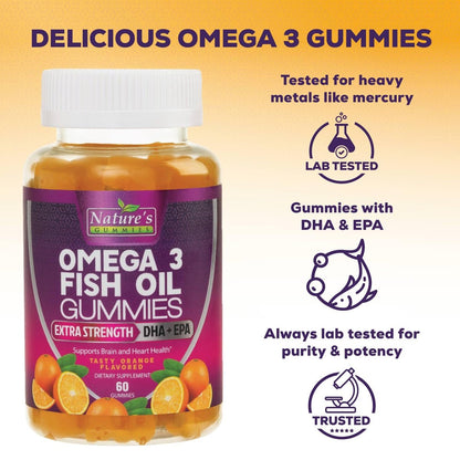 Omega-3 Fischöl Gummibärchen - Extra starkes Omega-3-Präparat mit hoch absorbierbarem EPA & DHA - Beste essentielle Fettsäuren für Herzgesundheit, Gehirn- & Gelenkunterstützung, Nicht-GMO Orangen-Geschmack - 60 Gummibärchen