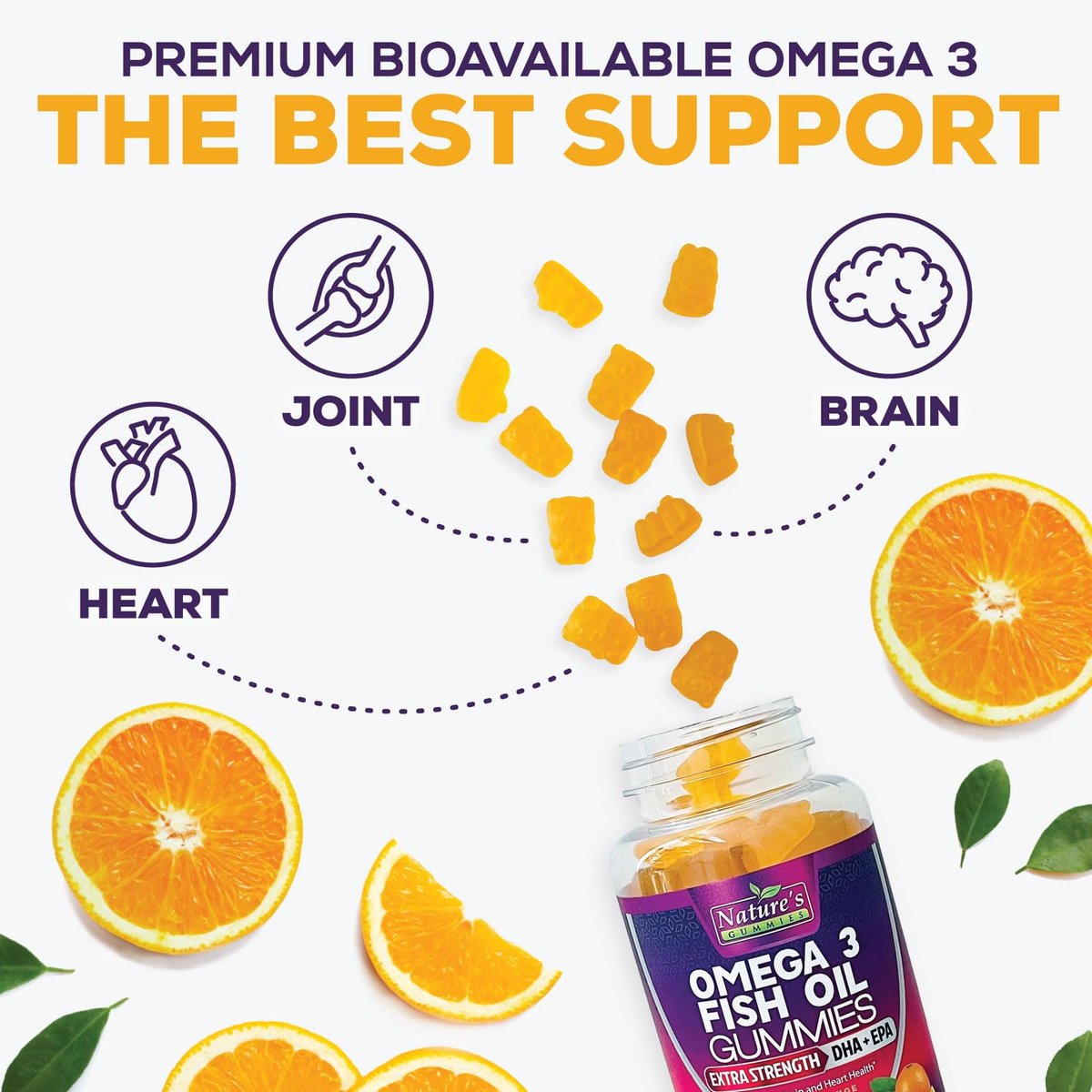 Omega-3 Fischöl Gummibärchen - Extra starkes Omega-3-Präparat mit hoch absorbierbarem EPA & DHA - Beste essentielle Fettsäuren für Herzgesundheit, Gehirn- & Gelenkunterstützung, Nicht-GMO Orangen-Geschmack - 60 Gummibärchen