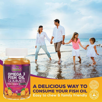 Omega-3 Fischöl Gummibärchen - Extra starkes Omega-3-Präparat mit hoch absorbierbarem EPA & DHA - Beste essentielle Fettsäuren für Herzgesundheit, Gehirn- & Gelenkunterstützung, Nicht-GMO Orangen-Geschmack - 60 Gummibärchen
