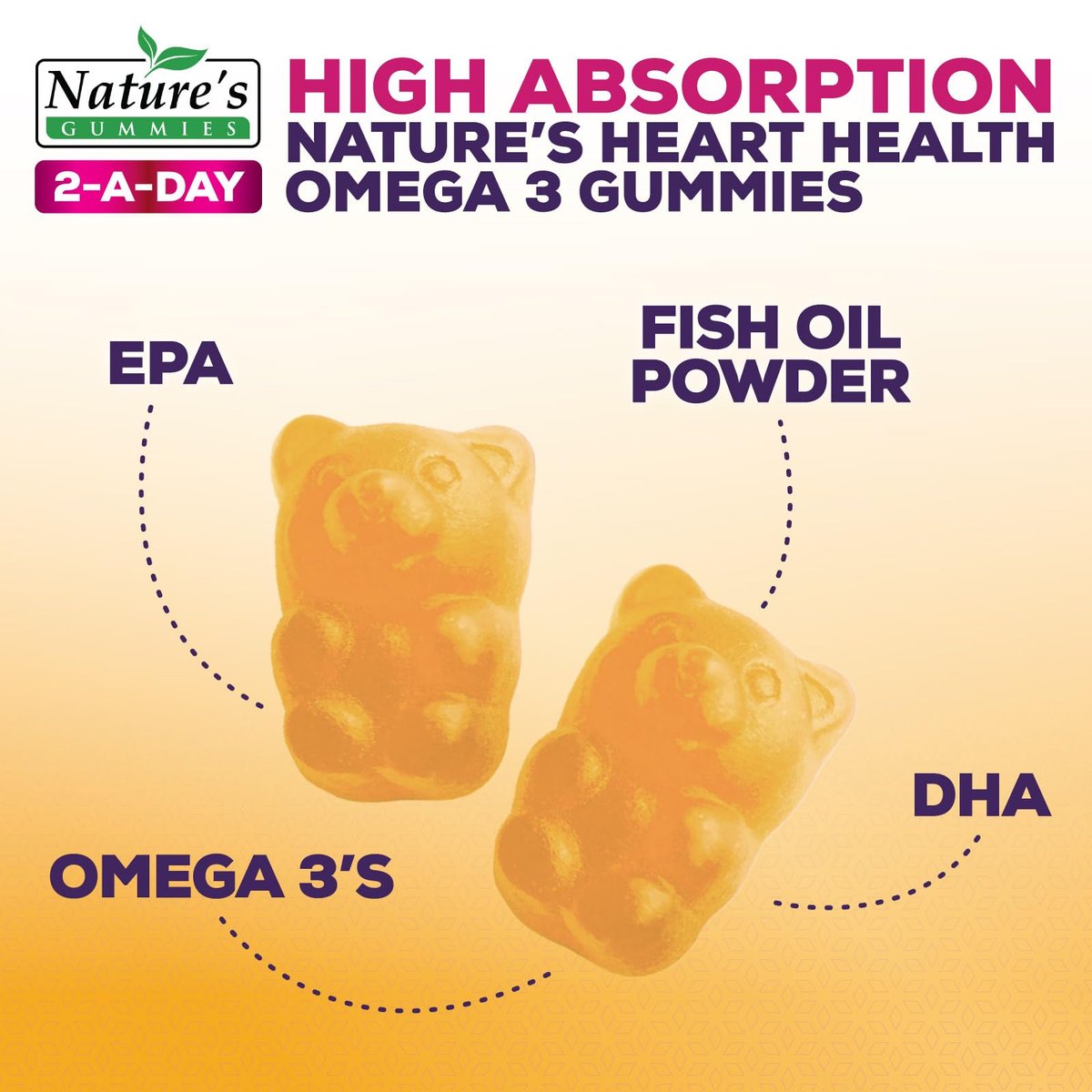 Omega-3 Fischöl Gummibärchen - Extra starkes Omega-3-Präparat mit hoch absorbierbarem EPA & DHA - Beste essentielle Fettsäuren für Herzgesundheit, Gehirn- & Gelenkunterstützung, Nicht-GMO Orangen-Geschmack - 60 Gummibärchen