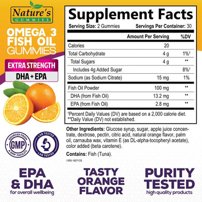 Omega-3 Fischöl Gummibärchen - Extra starkes Omega-3-Präparat mit hoch absorbierbarem EPA & DHA - Beste essentielle Fettsäuren für Herzgesundheit, Gehirn- & Gelenkunterstützung, Nicht-GMO Orangen-Geschmack - 60 Gummibärchen