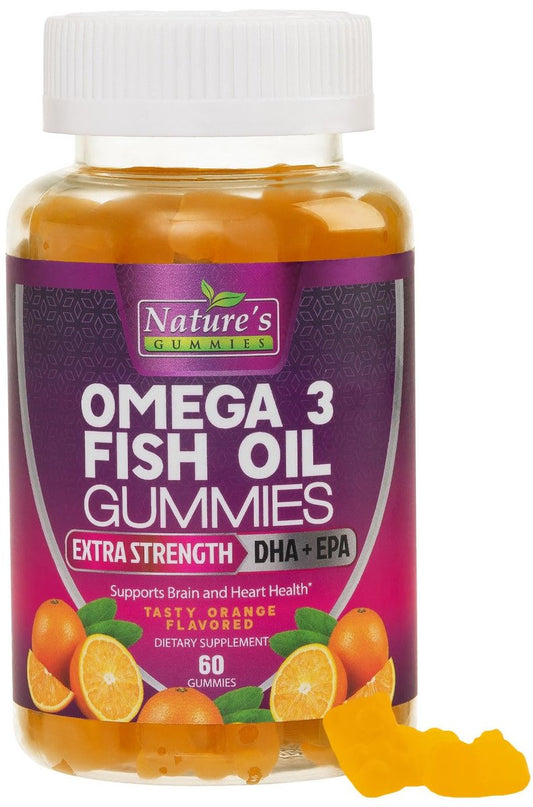 Omega-3 Fischöl Gummibärchen - Extra starkes Omega-3-Präparat mit hoch absorbierbarem EPA & DHA - Beste essentielle Fettsäuren für Herzgesundheit, Gehirn- & Gelenkunterstützung, Nicht-GMO Orangen-Geschmack - 60 Gummibärchen