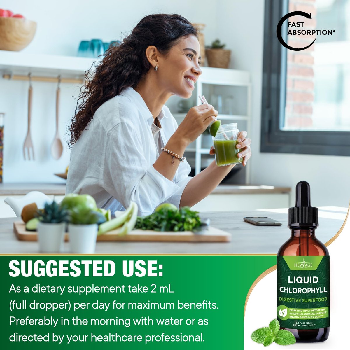 NEW AGE Chlorophyll Flüssigtropfen – Natürliches Konzentrat für Energie, Verdauung & Immunsystem – 60 ml