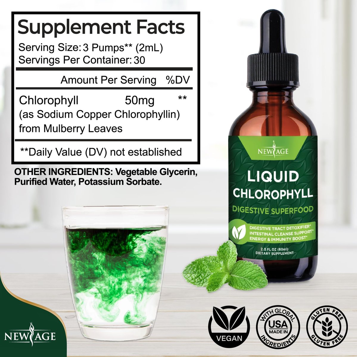 NEW AGE Chlorophyll Flüssigtropfen – Natürliches Konzentrat für Energie, Verdauung & Immunsystem – 60 ml