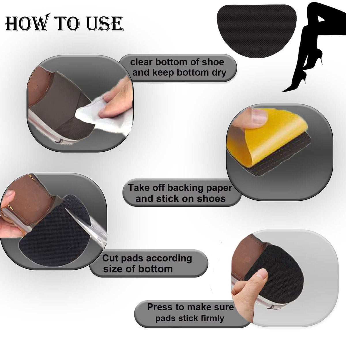 Rutschfeste Schuhsohlen-Pads für High Heels, selbstklebende Anti-Rutsch-Schuh-Griffe (Schwarz, 4 Paare)
