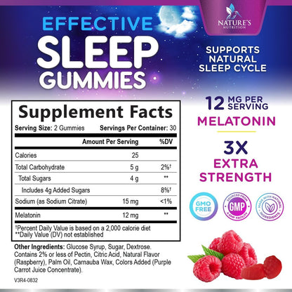 Melatonin Schlafgummis – 12 mg pro Portion – Extra starke Schlafunterstützung – Vegane Gummis für Erwachsene – Beerengeschmack – 60 Gummis