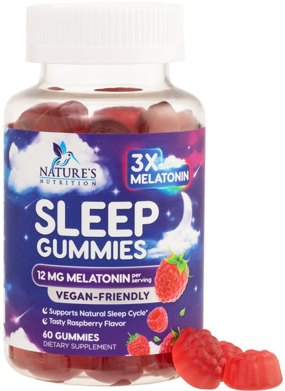 Melatonin Schlafgummis – 12 mg pro Portion – Extra starke Schlafunterstützung – Vegane Gummis für Erwachsene – Beerengeschmack – 60 Gummis