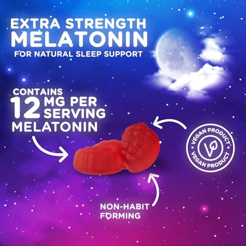 Melatonin Schlafgummis – 12 mg pro Portion – Extra starke Schlafunterstützung – Vegane Gummis für Erwachsene – Beerengeschmack – 60 Gummis