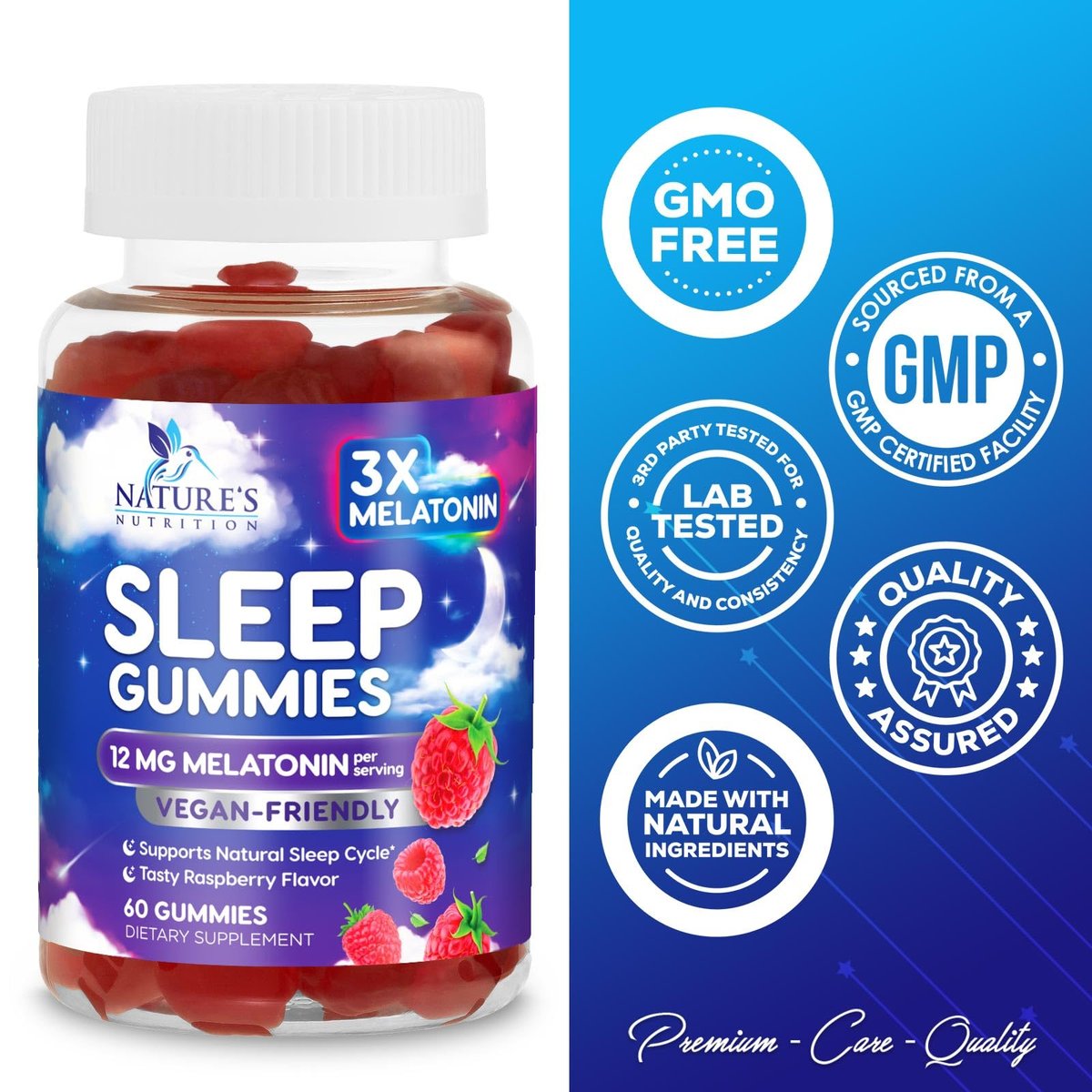 Melatonin Schlafgummis – 12 mg pro Portion – Extra starke Schlafunterstützung – Vegane Gummis für Erwachsene – Beerengeschmack – 60 Gummis