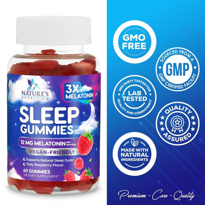 Melatonin Schlafgummis – 12 mg pro Portion – Extra starke Schlafunterstützung – Vegane Gummis für Erwachsene – Beerengeschmack – 60 Gummis
