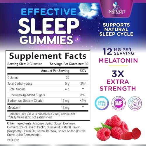 Melatonin Schlafgummis – 12 mg pro Portion – Extra starke Schlafunterstützung – Vegane Gummis für Erwachsene – Beerengeschmack – 60 Gummis