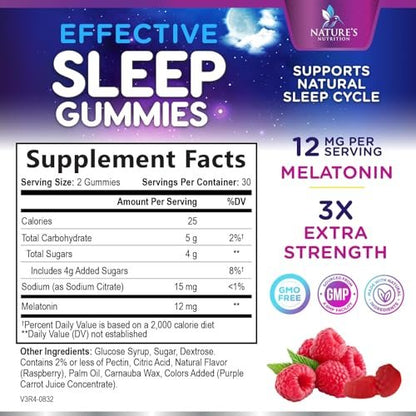 Melatonin Schlafgummis – 12 mg pro Portion – Extra starke Schlafunterstützung – Vegane Gummis für Erwachsene – Beerengeschmack – 60 Gummis