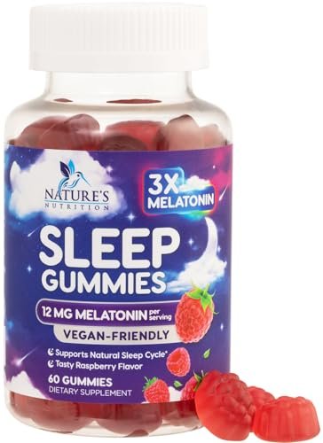 Melatonin Schlafgummis – 12 mg pro Portion – Extra starke Schlafunterstützung – Vegane Gummis für Erwachsene – Beerengeschmack – 60 Gummis