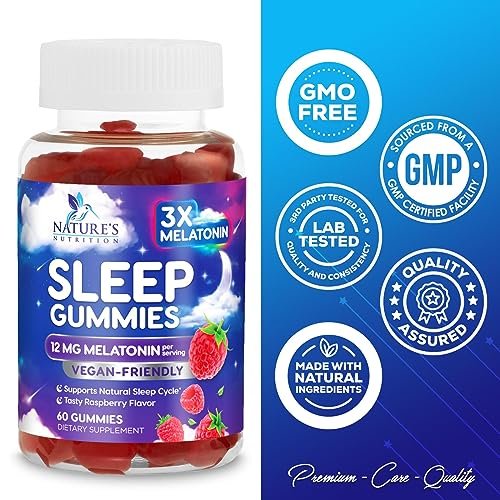 Melatonin Schlafgummis – 12 mg pro Portion – Extra starke Schlafunterstützung – Vegane Gummis für Erwachsene – Beerengeschmack – 60 Gummis
