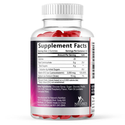 Vitamin B12 Gummis - 3000 mcg pro Portion Extra Stärke Energie B 12 Gummibärchen für Stoffwechsel & Immununterstützung - Kaubare Nahrungsergänzungsmittel B-12, Natürliche Koffeinfreie Gummis, Beerengeschmack - 120 Gummis