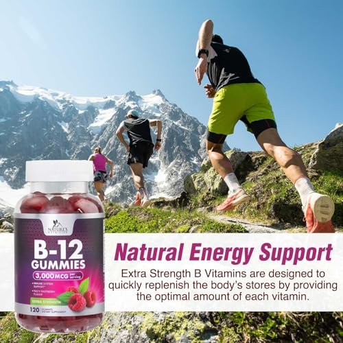 Vitamin B12 Gummis - 3000 mcg pro Portion Extra Stärke Energie B 12 Gummibärchen für Stoffwechsel & Immununterstützung - Kaubare Nahrungsergänzungsmittel B-12, Natürliche Koffeinfreie Gummis, Beerengeschmack - 120 Gummis