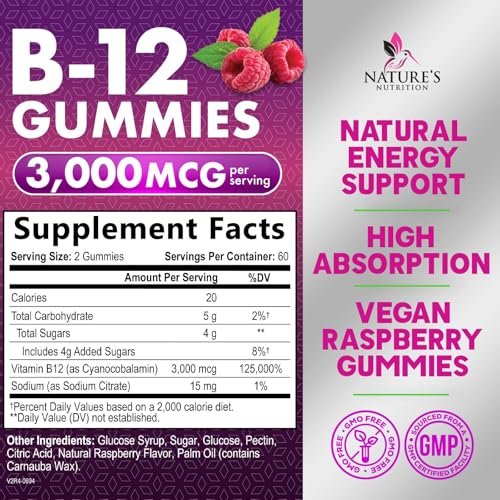 Vitamin B12 Gummis - 3000 mcg pro Portion Extra Stärke Energie B 12 Gummibärchen für Stoffwechsel & Immununterstützung - Kaubare Nahrungsergänzungsmittel B-12, Natürliche Koffeinfreie Gummis, Beerengeschmack - 120 Gummis