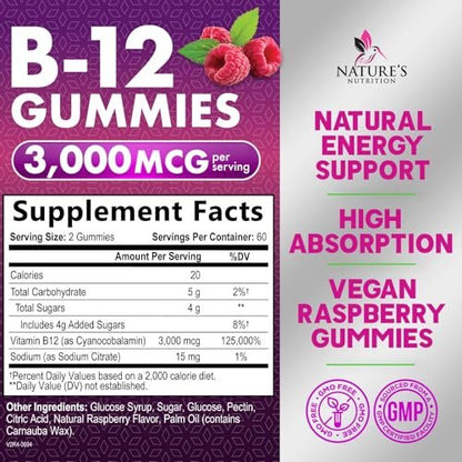 Vitamin B12 Gummis - 3000 mcg pro Portion Extra Stärke Energie B 12 Gummibärchen für Stoffwechsel & Immununterstützung - Kaubare Nahrungsergänzungsmittel B-12, Natürliche Koffeinfreie Gummis, Beerengeschmack - 120 Gummis