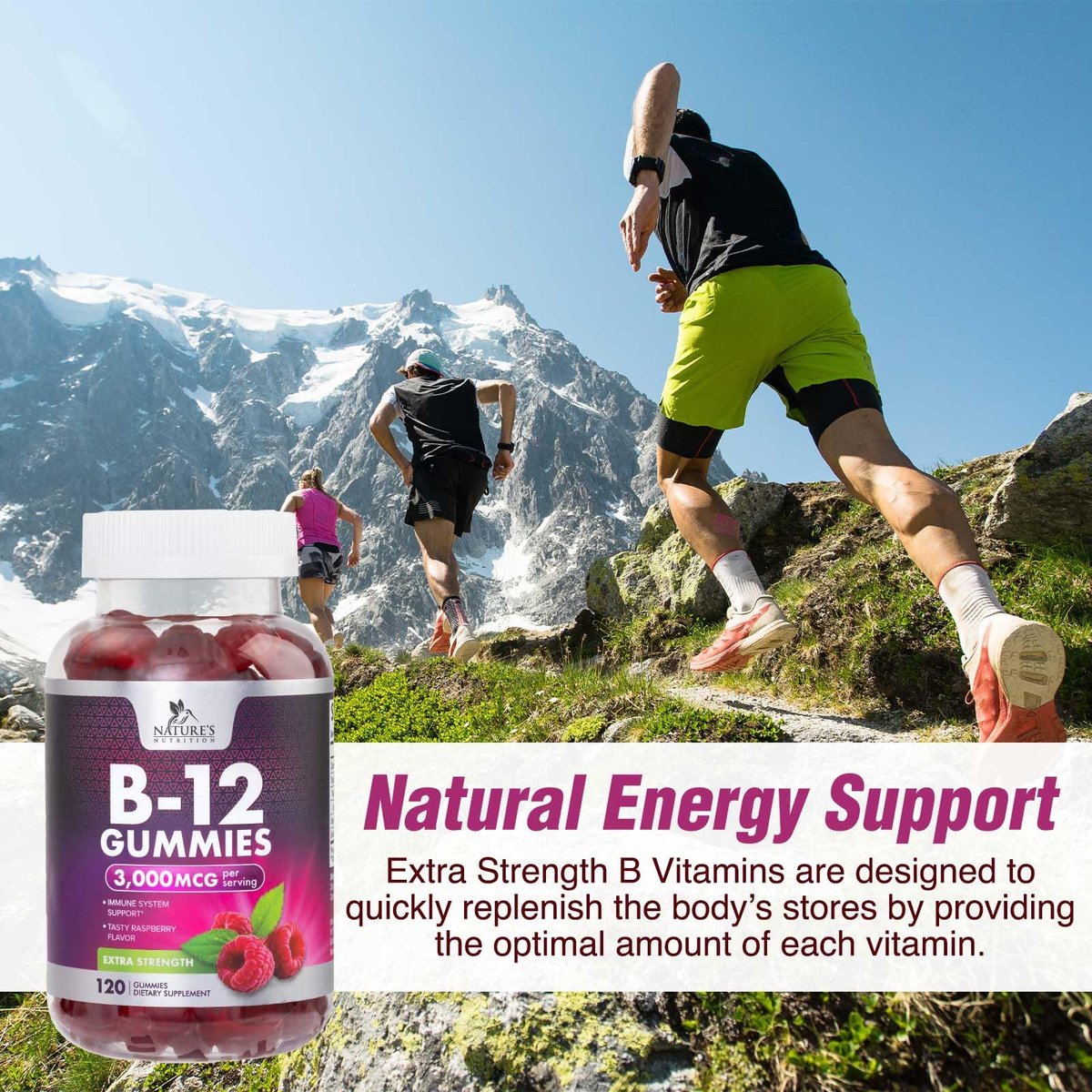 Vitamin B12 Gummis - 3000 mcg pro Portion Extra Stärke Energie B 12 Gummibärchen für Stoffwechsel & Immununterstützung - Kaubare Nahrungsergänzungsmittel B-12, Natürliche Koffeinfreie Gummis, Beerengeschmack - 120 Gummis