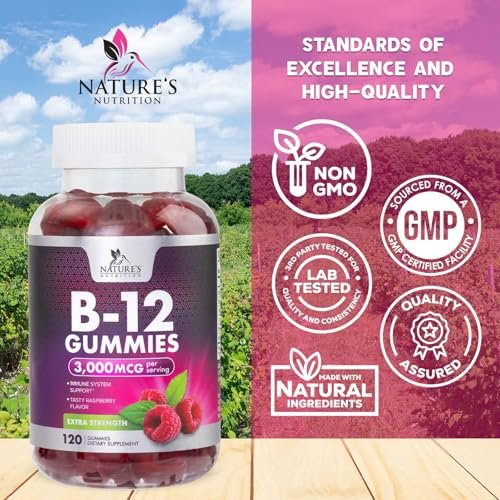 Vitamin B12 Gummis - 3000 mcg pro Portion Extra Stärke Energie B 12 Gummibärchen für Stoffwechsel & Immununterstützung - Kaubare Nahrungsergänzungsmittel B-12, Natürliche Koffeinfreie Gummis, Beerengeschmack - 120 Gummis