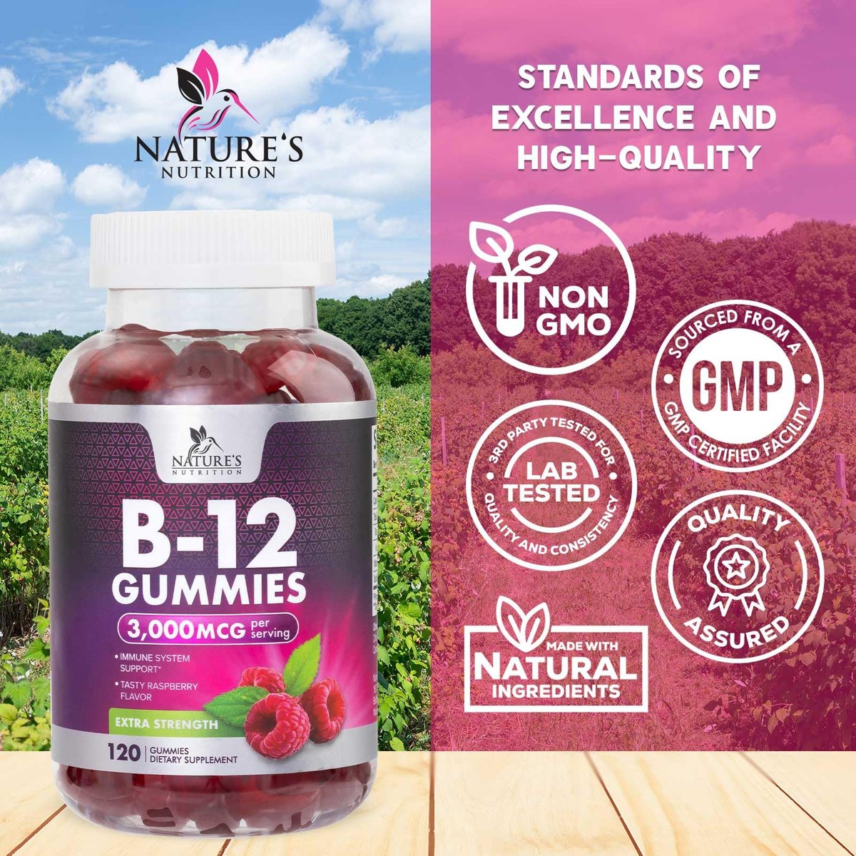 Vitamin B12 Gummis - 3000 mcg pro Portion Extra Stärke Energie B 12 Gummibärchen für Stoffwechsel & Immununterstützung - Kaubare Nahrungsergänzungsmittel B-12, Natürliche Koffeinfreie Gummis, Beerengeschmack - 120 Gummis