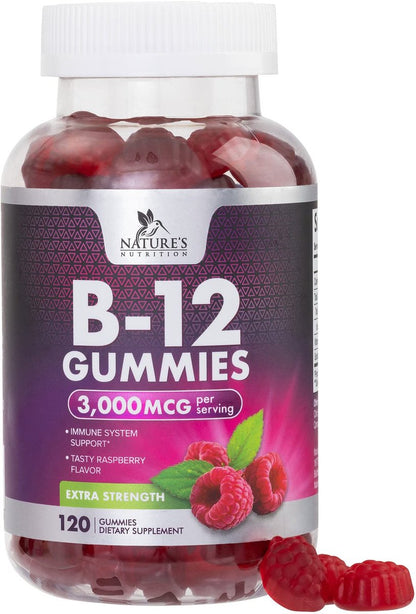 Vitamin B12 Gummis - 3000 mcg pro Portion Extra Stärke Energie B 12 Gummibärchen für Stoffwechsel & Immununterstützung - Kaubare Nahrungsergänzungsmittel B-12, Natürliche Koffeinfreie Gummis, Beerengeschmack - 120 Gummis