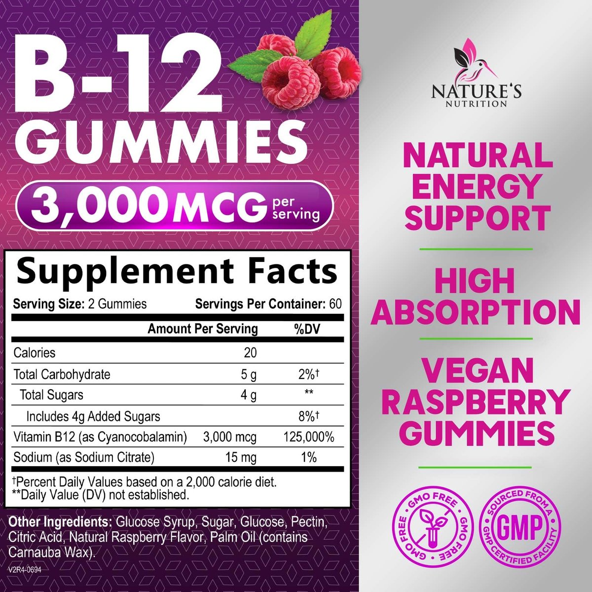 Vitamin B12 Gummis - 3000 mcg pro Portion Extra Stärke Energie B 12 Gummibärchen für Stoffwechsel & Immununterstützung - Kaubare Nahrungsergänzungsmittel B-12, Natürliche Koffeinfreie Gummis, Beerengeschmack - 120 Gummis