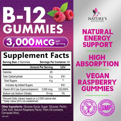 Vitamin B12 Gummis - 3000 mcg pro Portion Extra Stärke Energie B 12 Gummibärchen für Stoffwechsel & Immununterstützung - Kaubare Nahrungsergänzungsmittel B-12, Natürliche Koffeinfreie Gummis, Beerengeschmack - 120 Gummis