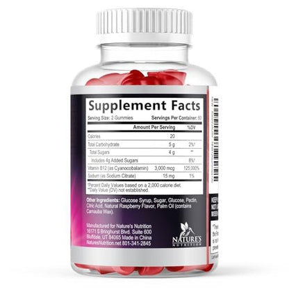 Vitamin B12 Gummis - 3000 mcg pro Portion Extra Stärke Energie B 12 Gummibärchen für Stoffwechsel & Immununterstützung - Kaubare Nahrungsergänzungsmittel B-12, Natürliche Koffeinfreie Gummis, Beerengeschmack - 120 Gummis