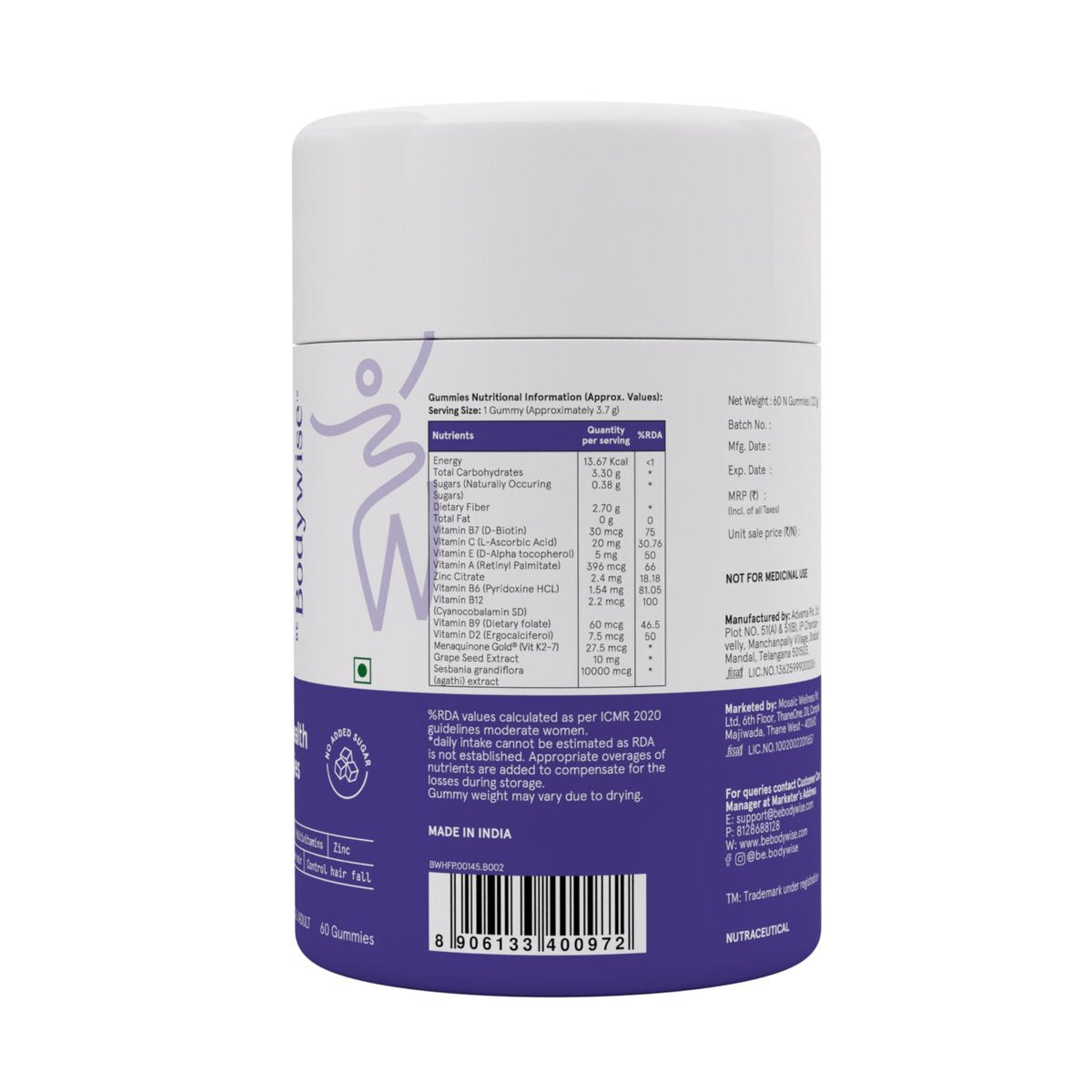 Be Bodywise Biotin Haarwuchs Gummibärchen für Frauen I Zuckerfrei I Haare Haut und Nägel Vitamine I Biotin, Zink, Folsäure, Vitamin C, Keratin & Multivitamin I 100% Vegan, Glutenfrei I 60 Tage Vorrat