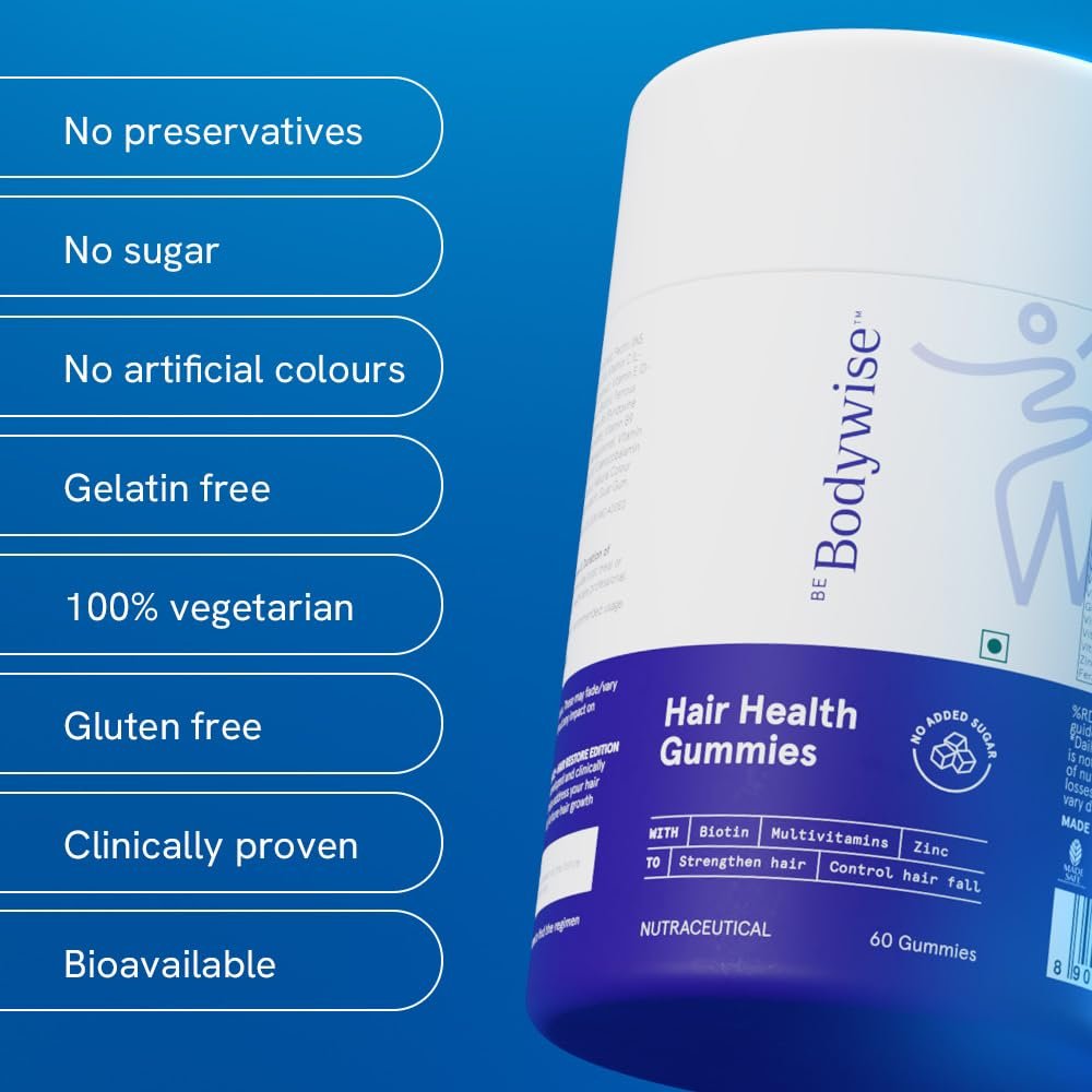 Be Bodywise Biotin Haarwuchs Gummibärchen für Frauen I Zuckerfrei I Haare Haut und Nägel Vitamine I Biotin, Zink, Folsäure, Vitamin C, Keratin & Multivitamin I 100% Vegan, Glutenfrei I 60 Tage Vorrat