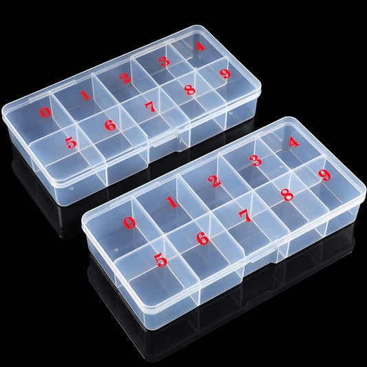 2er Set Aufbewahrungsbox für Nagelspitzen – Leere Nagelspitzen-Organizer mit 10 nummerierten Fächern, Kunststoff-Gitterbox für falsche Nägel, Kristalle & Schmuckzubehör (Weiß)