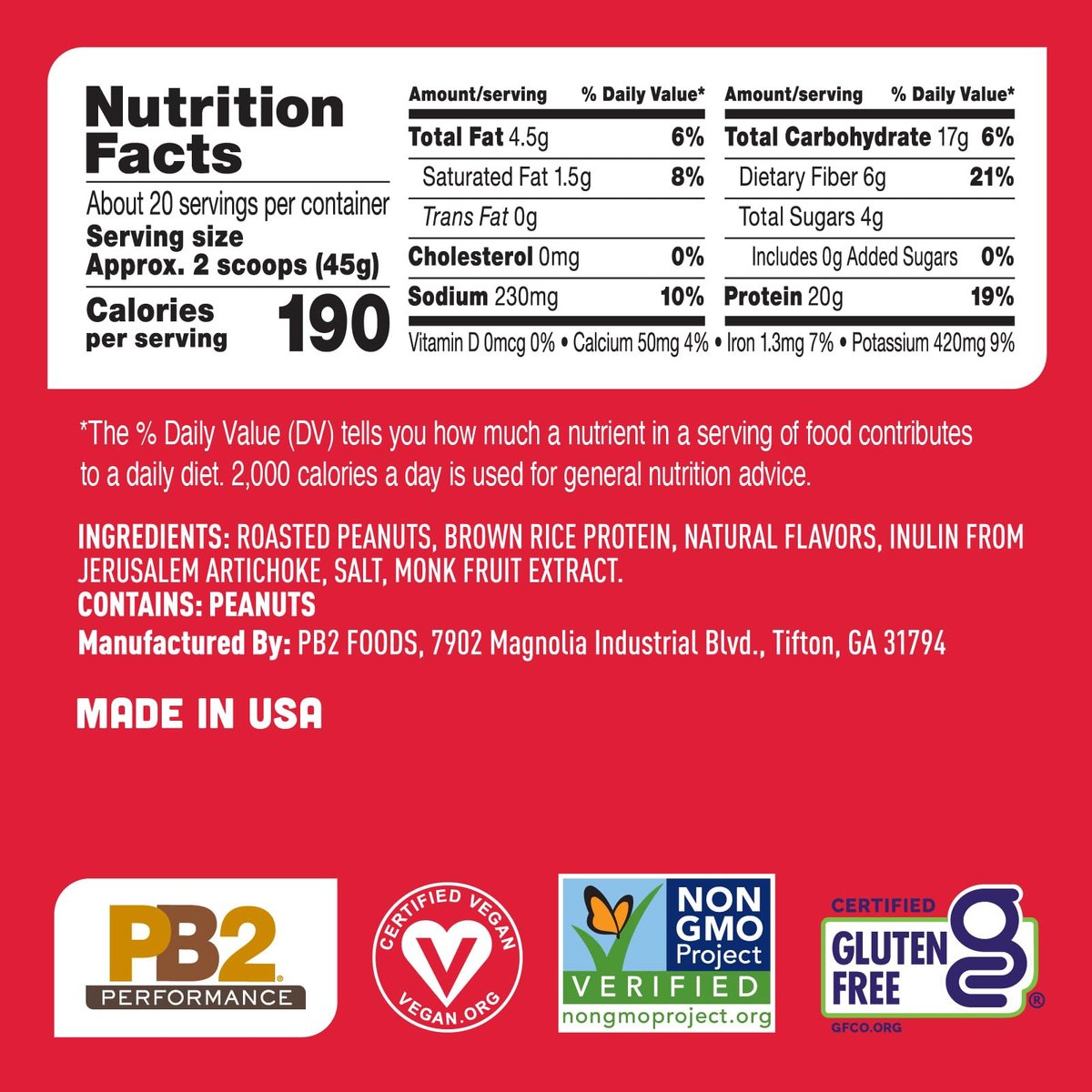 PB2 Performance Erdnuss-Pflanzliches Proteinpulver mit Madagaskar Vanille | 20g vollständiges Protein, ohne Zuckerzusatz, präbiotische Ballaststoffe | vegan, non-GMO, glutenfrei (2LB)