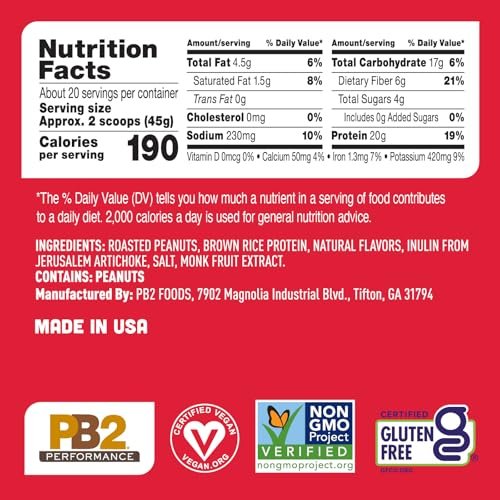 PB2 Performance Erdnuss-Pflanzliches Proteinpulver mit Madagaskar Vanille | 20g vollständiges Protein, ohne Zuckerzusatz, präbiotische Ballaststoffe | vegan, non-GMO, glutenfrei (2LB)