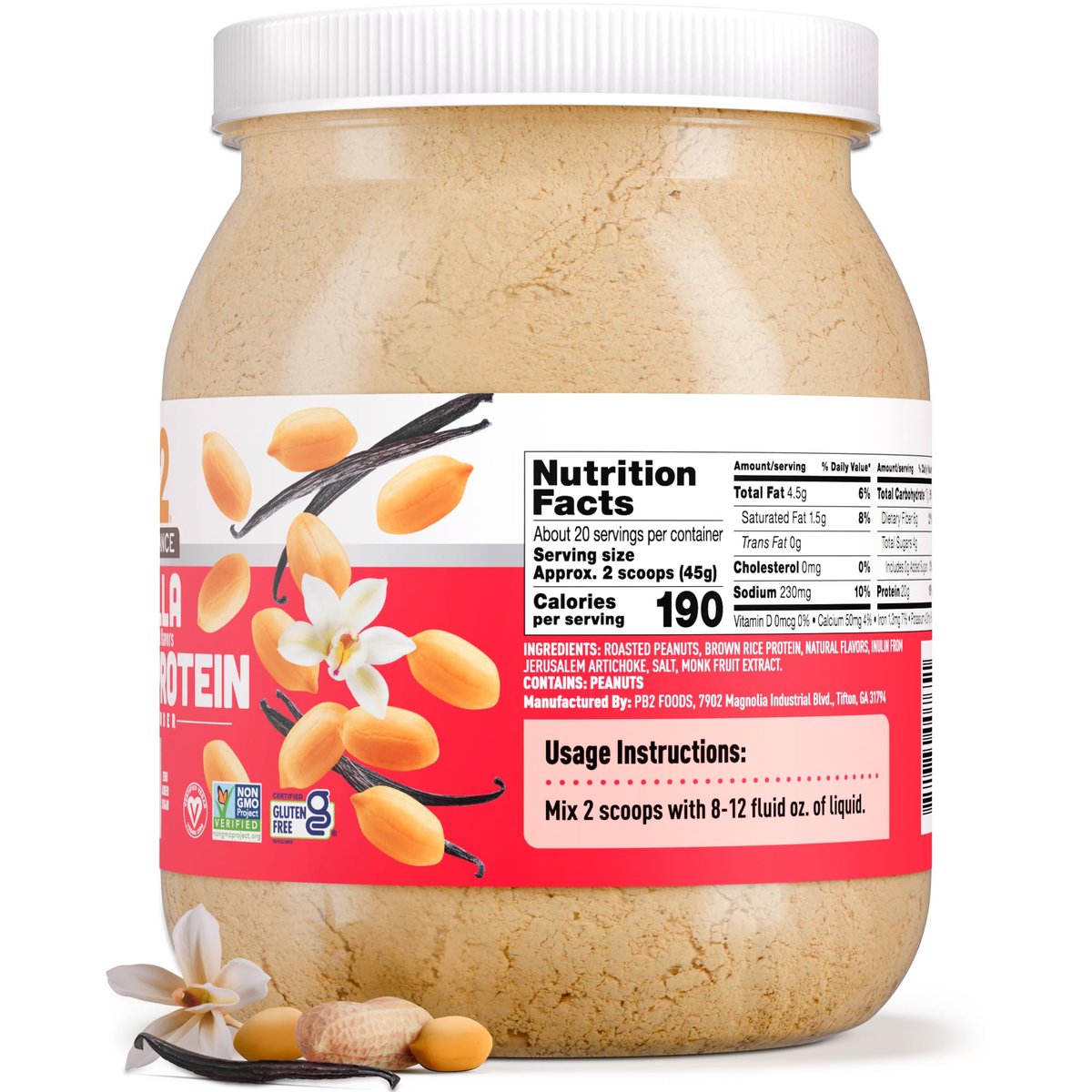 PB2 Performance Erdnuss-Pflanzliches Proteinpulver mit Madagaskar Vanille | 20g vollständiges Protein, ohne Zuckerzusatz, präbiotische Ballaststoffe | vegan, non-GMO, glutenfrei (2LB)