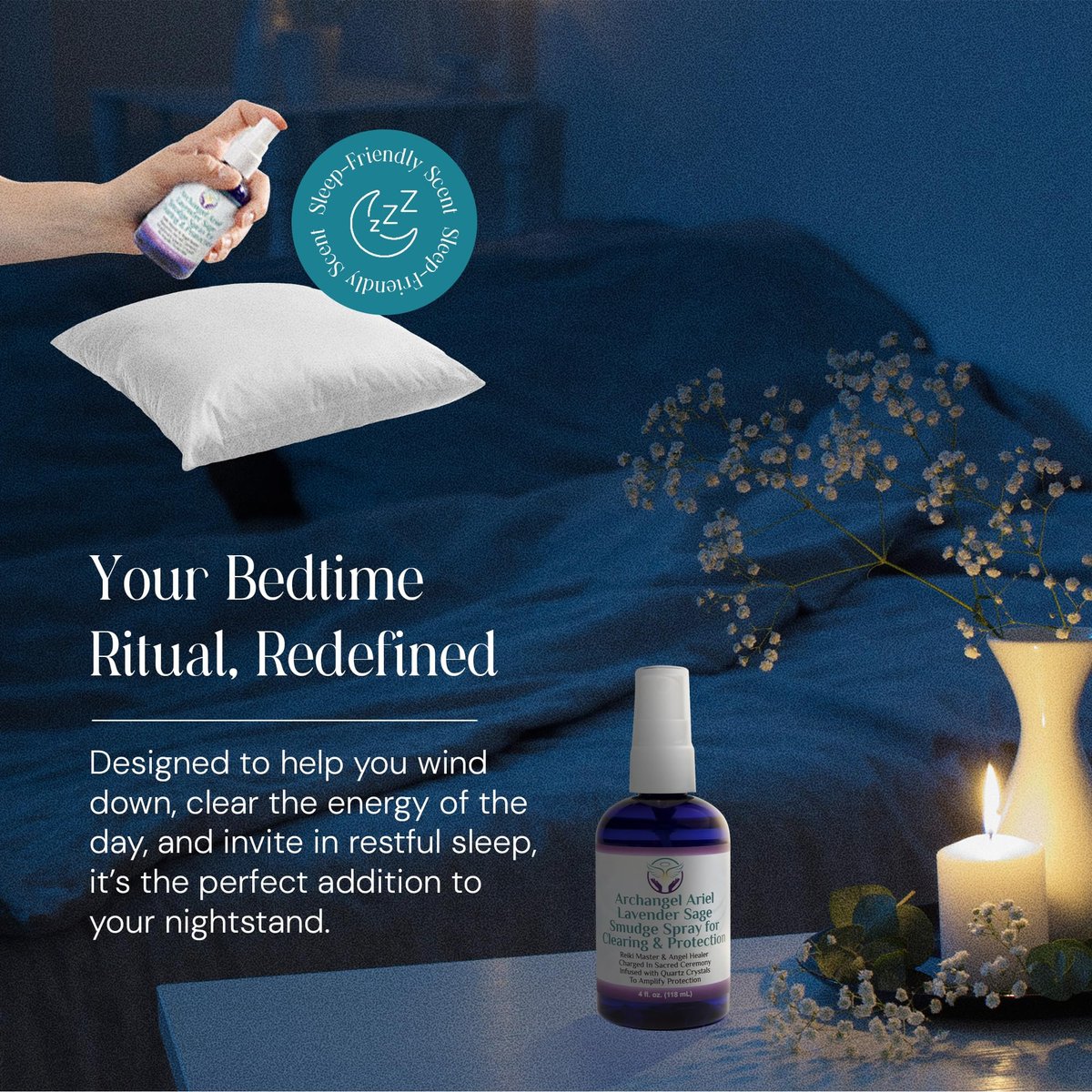 Lavendel-Salbei Räucherspray - Erzengel Ariel Salbei Nebel, Energie-Reinigung & Schutz, Rauchfrei, Reiki-aufgeladene Aromatherapie, Bett-, Raum- & Kissen-Spray mit ätherischem Öl & Quarz, 118 ml