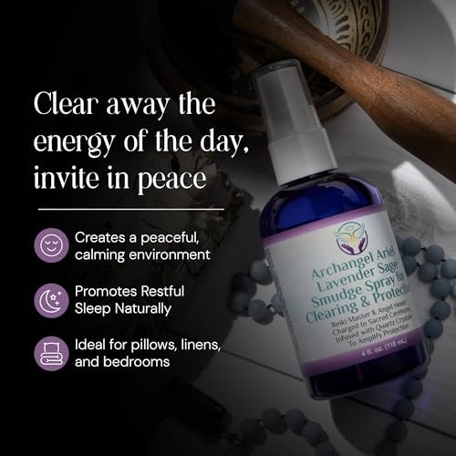 Lavendel-Salbei Räucherspray - Erzengel Ariel Salbei Nebel, Energie-Reinigung & Schutz, Rauchfrei, Reiki-aufgeladene Aromatherapie, Bett-, Raum- & Kissen-Spray mit ätherischem Öl & Quarz, 118 ml