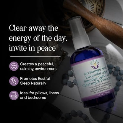 Lavendel-Salbei Räucherspray - Erzengel Ariel Salbei Nebel, Energie-Reinigung & Schutz, Rauchfrei, Reiki-aufgeladene Aromatherapie, Bett-, Raum- & Kissen-Spray mit ätherischem Öl & Quarz, 118 ml
