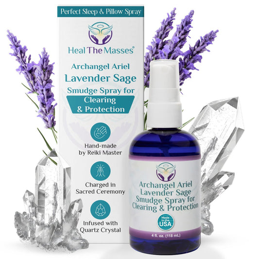 Lavendel-Salbei Räucherspray - Erzengel Ariel Salbei Nebel, Energie-Reinigung & Schutz, Rauchfrei, Reiki-aufgeladene Aromatherapie, Bett-, Raum- & Kissen-Spray mit ätherischem Öl & Quarz, 118 ml