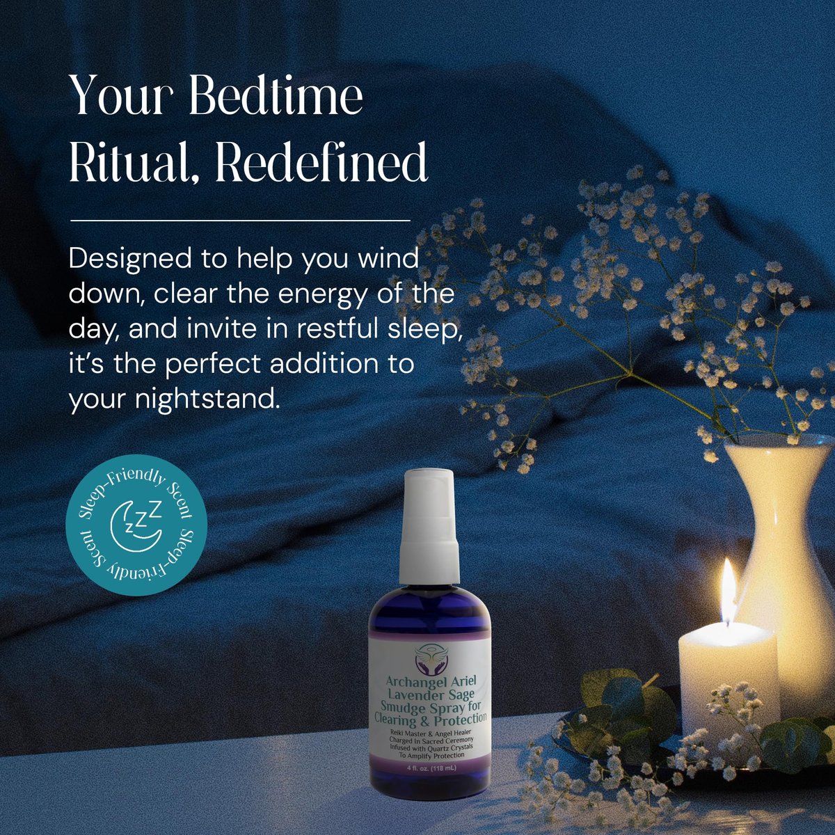 Lavendel-Salbei Räucherspray - Erzengel Ariel Salbei Nebel, Energie-Reinigung & Schutz, Rauchfrei, Reiki-aufgeladene Aromatherapie, Bett-, Raum- & Kissen-Spray mit ätherischem Öl & Quarz, 118 ml