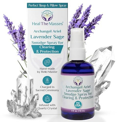 Lavendel-Salbei Räucherspray - Erzengel Ariel Salbei Nebel, Energie-Reinigung & Schutz, Rauchfrei, Reiki-aufgeladene Aromatherapie, Bett-, Raum- & Kissen-Spray mit ätherischem Öl & Quarz, 118 ml