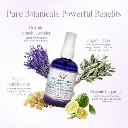 Lavendel-Salbei Räucherspray - Erzengel Ariel Salbei Nebel, Energie-Reinigung & Schutz, Rauchfrei, Reiki-aufgeladene Aromatherapie, Bett-, Raum- & Kissen-Spray mit ätherischem Öl & Quarz, 118 ml