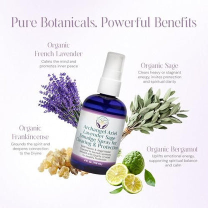 Lavendel-Salbei Räucherspray - Erzengel Ariel Salbei Nebel, Energie-Reinigung & Schutz, Rauchfrei, Reiki-aufgeladene Aromatherapie, Bett-, Raum- & Kissen-Spray mit ätherischem Öl & Quarz, 118 ml
