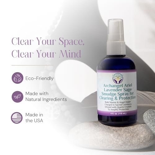 Lavendel-Salbei Räucherspray - Erzengel Ariel Salbei Nebel, Energie-Reinigung & Schutz, Rauchfrei, Reiki-aufgeladene Aromatherapie, Bett-, Raum- & Kissen-Spray mit ätherischem Öl & Quarz, 118 ml