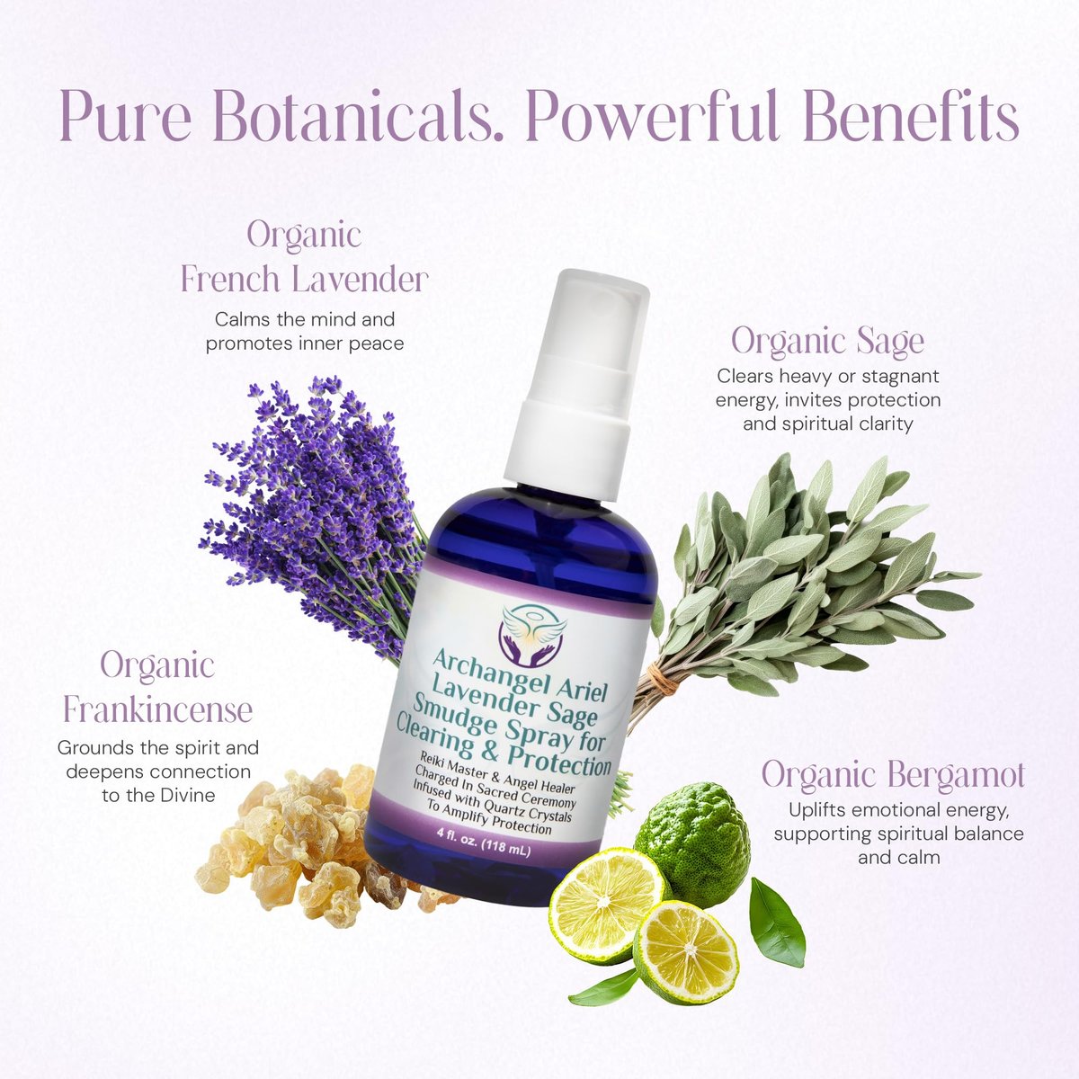 Lavendel-Salbei Räucherspray - Erzengel Ariel Salbei Nebel, Energie-Reinigung & Schutz, Rauchfrei, Reiki-aufgeladene Aromatherapie, Bett-, Raum- & Kissen-Spray mit ätherischem Öl & Quarz, 118 ml
